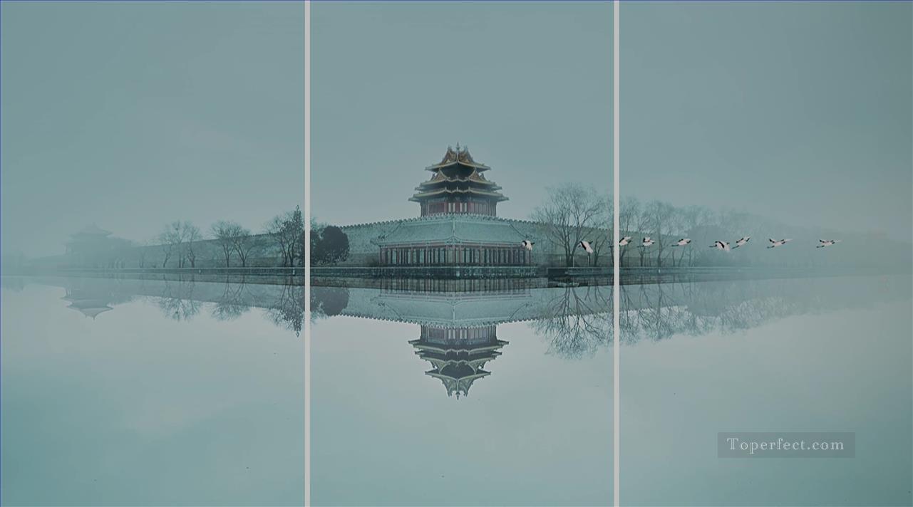 Chinese Story of Yanxi Palace with White Cranes Birds Scenery from Photos to Art Oil Paintings